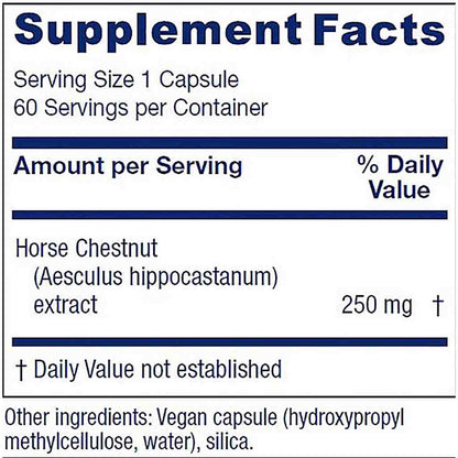 A close-up of a supplement facts label showing Horse Chestnut extract, 250 mg, with serving size 1 capsule and 60 servings per container.