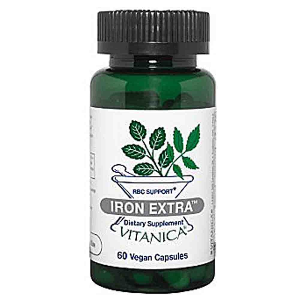 A bottle of RBC Support Iron Extra dietary supplement, featuring a dark green translucent bottle, a black ribbed cap, and a white label with green leaf graphics and text.