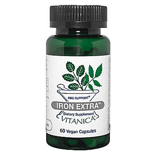 A bottle of RBC Support Iron Extra dietary supplement, featuring a dark green translucent bottle, a black ribbed cap, and a white label with green leaf graphics and text.