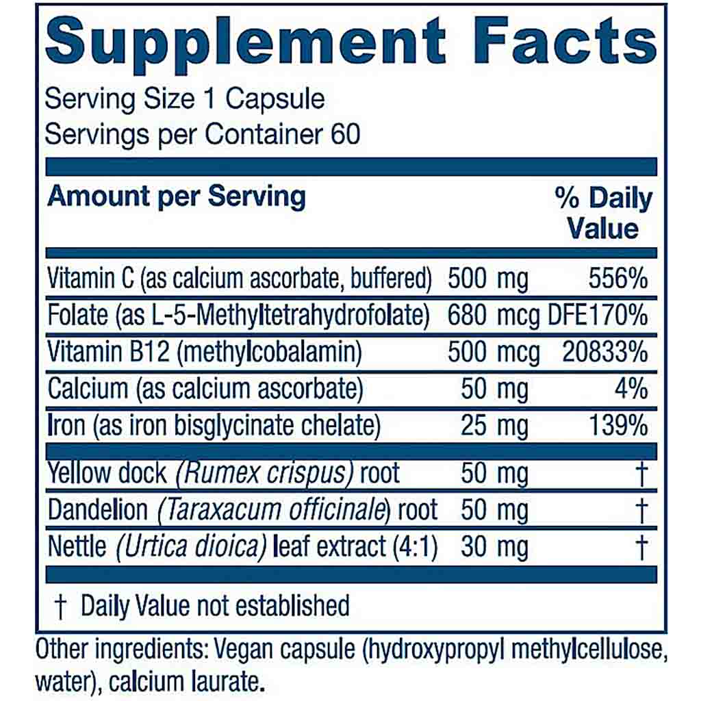 A Supplement Facts label showing a supplement bottle's nutrition information, including vitamins, calcium, iron, yellow dock, dandelion, and nettle, with serving size 1 capsule and 60 servings per container.