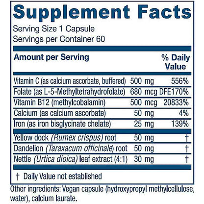A Supplement Facts label showing a supplement bottle's nutrition information, including vitamins, calcium, iron, yellow dock, dandelion, and nettle, with serving size 1 capsule and 60 servings per container.