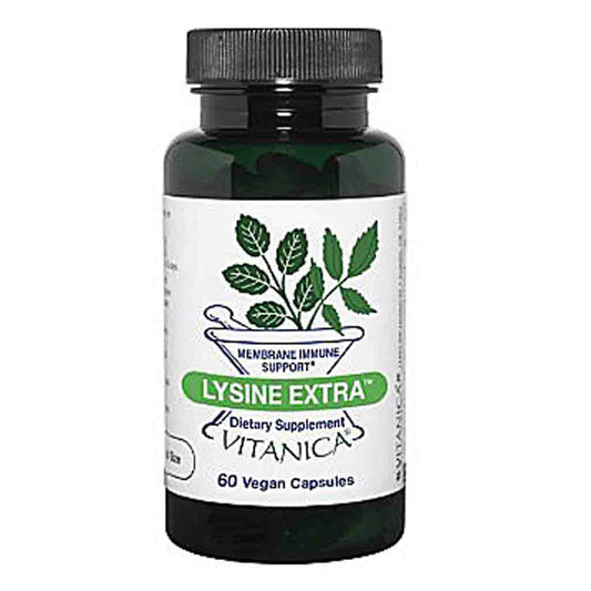 A dark green bottle of Vitanica Lysine Extra dietary supplement with a white label and green leaf graphic, on a plain white background.