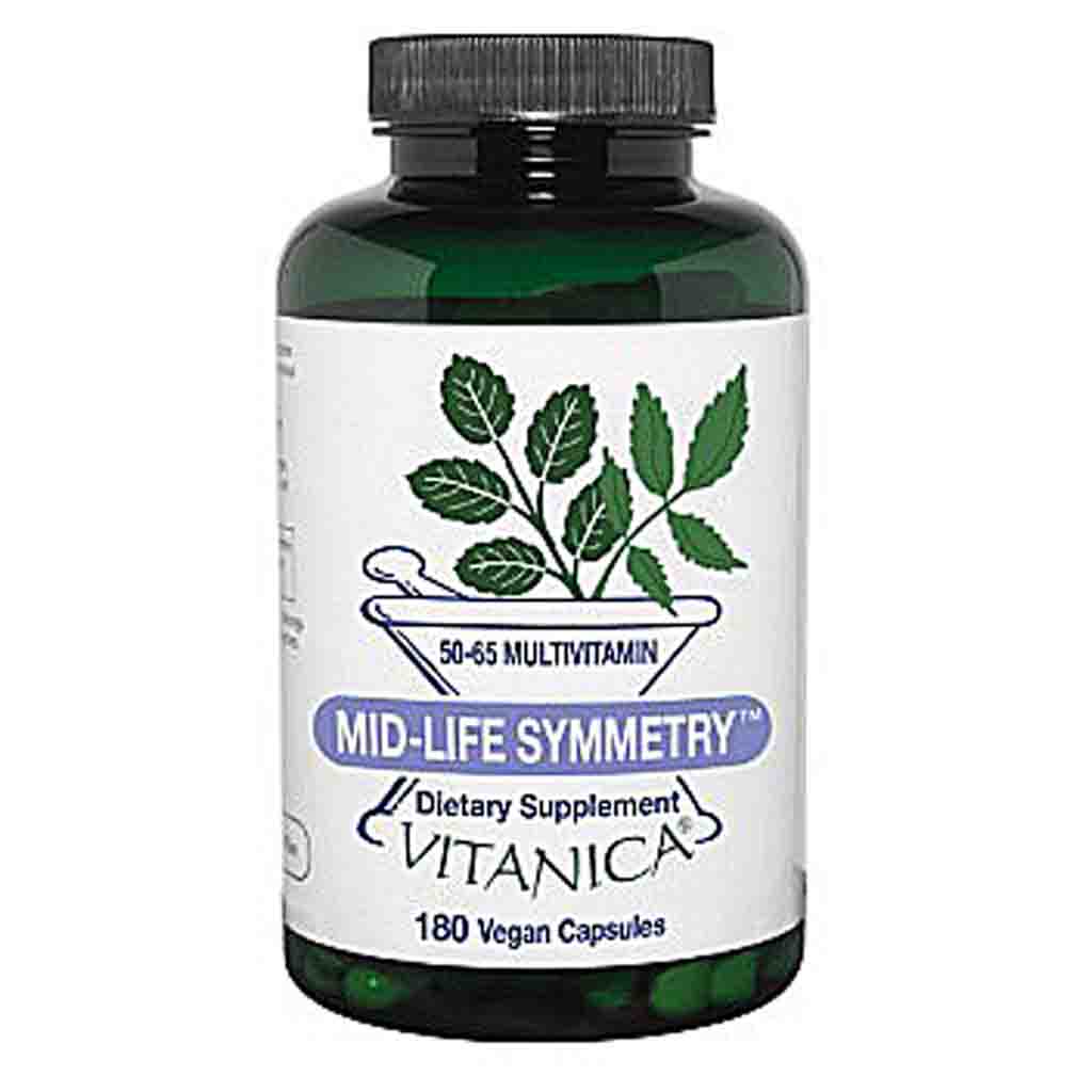A bottle of Vitanica Mid-Life Symmetry 50-65 Multivitamin dietary supplement, featuring a dark green bottle, black cap, and a white label with green leaf graphics and purple text.
