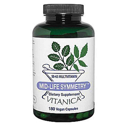 A bottle of Vitanica Mid-Life Symmetry 50-65 Multivitamin dietary supplement, featuring a dark green bottle, black cap, and a white label with green leaf graphics and purple text.