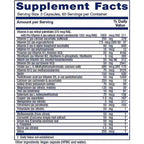 A close-up of a supplement facts label with a white background and blue border. The label lists nutrients and daily values, including Vitamin B12, biotin, iron, calcium, and others, with Probiotics noted as vegan capsules.