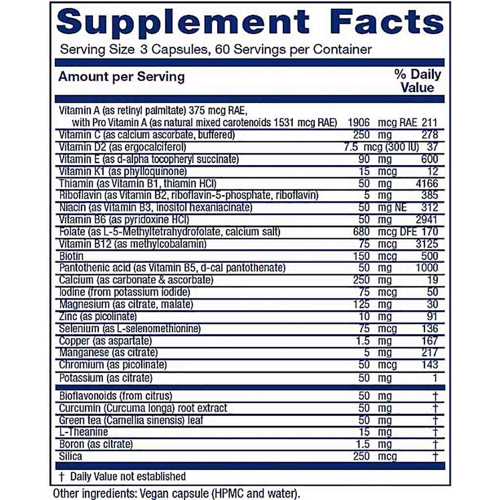 A close-up of a supplement facts label with a white background and blue border. The label lists nutrients and daily values, including Vitamin B12, biotin, iron, calcium, and others, with Probiotics noted as vegan capsules.