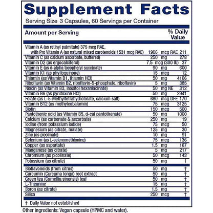 A close-up of a supplement facts label with a white background and blue border. The label lists nutrients and daily values, including Vitamin B12, biotin, iron, calcium, and others, with Probiotics noted as vegan capsules.