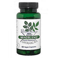 A green plastic bottle of Mindblend Vitamin A dietary supplement with a black ribbed cap and a white label featuring green leaf graphics.