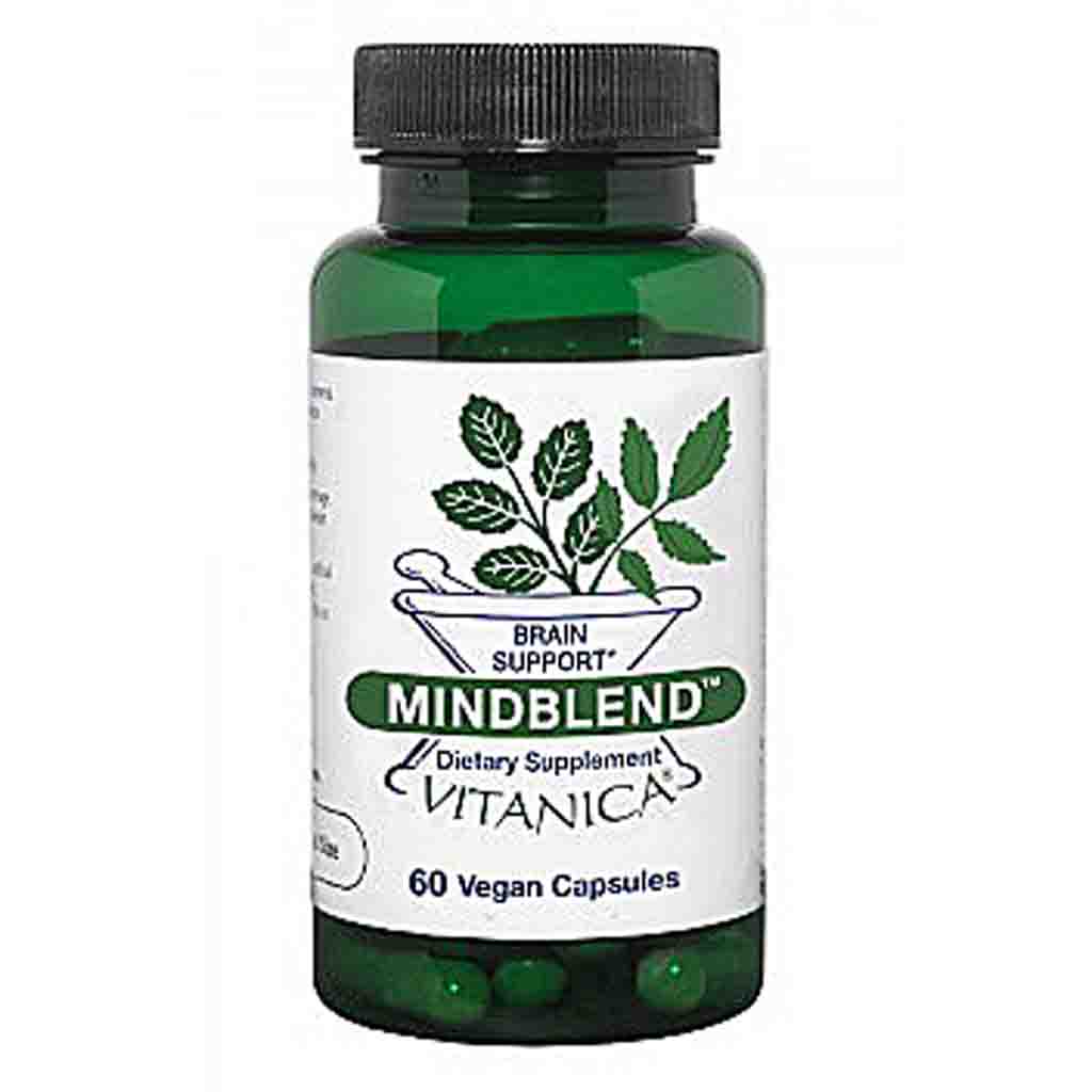 A green plastic bottle of Mindblend Vitamin A dietary supplement with a black ribbed cap and a white label featuring green leaf graphics.