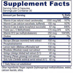 A close-up of a supplement facts label showing a supplement powder or capsules with a detailed list of ingredients and daily value percentages. The label features a white background with dark blue text and headers.