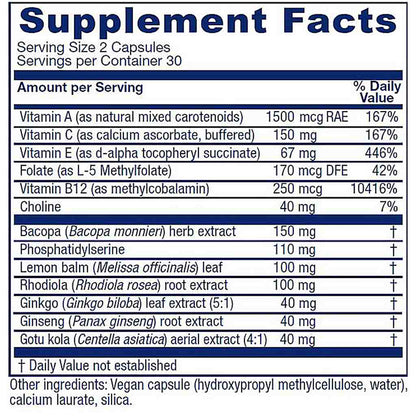 A close-up of a supplement facts label showing a supplement powder or capsules with a detailed list of ingredients and daily value percentages. The label features a white background with dark blue text and headers.
