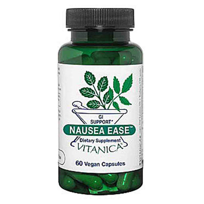 A bottle of Vitanica GI Support Nausea Ease dietary supplement, containing 60 vegan capsules. The product is in a dark green translucent plastic bottle with a black ribbed cap and a white label featuring green leaf graphics and text.