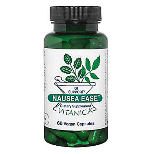 A bottle of Vitanica GI Support Nausea Ease dietary supplement, containing 60 vegan capsules. The product is in a dark green translucent plastic bottle with a black ribbed cap and a white label featuring green leaf graphics and text.