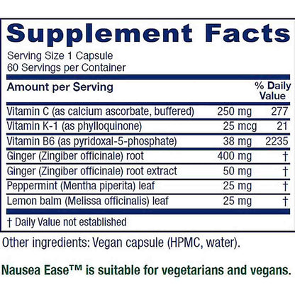 A close-up of a supplement facts label showing a supplement called Nausea Ease. The label lists ingredients and daily values for Vitamin C, Vitamin K-1, Vitamin B6, Ginger, and Lemon balm.