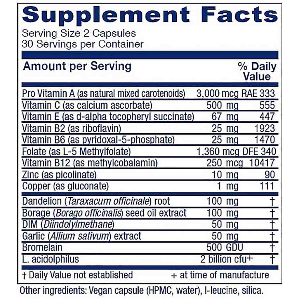 A supplement facts label showing a supplement called 'Vitamin B12' with a detailed list of ingredients, serving size of 2 capsules, and daily value percentages on a white background.