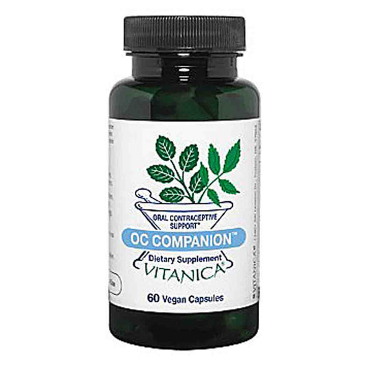 A dark green bottle of Vitanica OC Companion dietary supplement with a white label and green leaf graphic, on a plain white background.