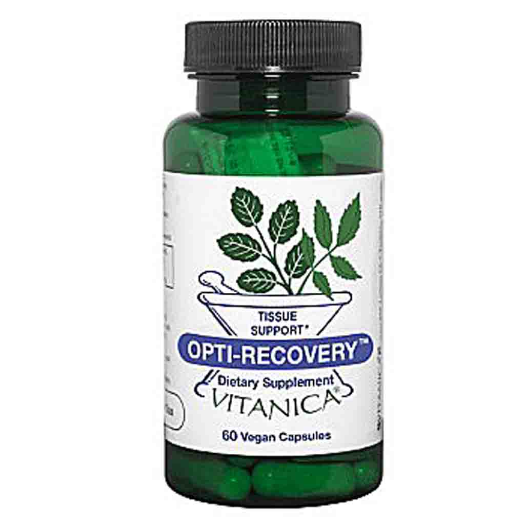 A green translucent plastic bottle of Vitanica Opti-Recovery dietary supplement with a black ribbed cap and a white label featuring green leaves and blue text.