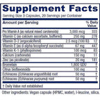 A supplement facts label showing a supplement's ingredients and daily value percentages. The label lists Pro Vitamin A, Vitamin C, Vitamin D-2, Vitamin E, Vitamin K-1, Calcium, Zinc, Bromelain, Citrus bioflavonoids, Echinacea (Echinacea angustifolia) root, and Echinacea (Echinacea purpurea) root, with serving size of 3 capsules and 20 servings per container.