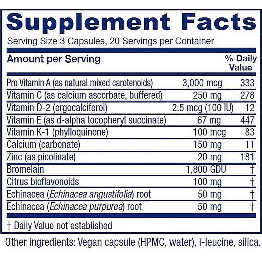 A supplement facts label showing a supplement's ingredients and daily value percentages. The label lists Pro Vitamin A, Vitamin C, Vitamin D-2, Vitamin E, Vitamin K-1, Calcium, Zinc, Bromelain, Citrus bioflavonoids, Echinacea (Echinacea angustifolia) root, and Echinacea (Echinacea purpurea) root, with serving size of 3 capsules and 20 servings per container.