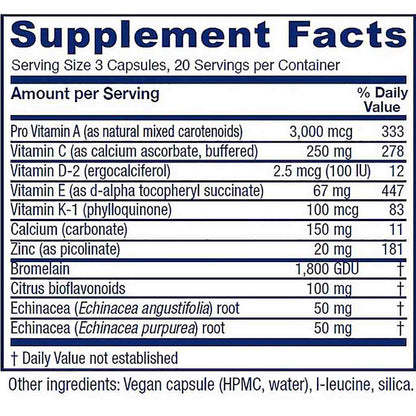 A supplement facts label showing a supplement's ingredients and daily value percentages. The label lists Pro Vitamin A, Vitamin C, Vitamin D-2, Vitamin E, Vitamin K-1, Calcium, Zinc, Bromelain, Citrus bioflavonoids, Echinacea (Echinacea angustifolia) root, and Echinacea (Echinacea purpurea) root, with serving size of 3 capsules and 20 servings per container.