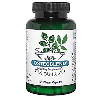 A bottle of Vitanica Osteoblend dietary supplement with a white label and green cap, containing 120 vegan capsules.
