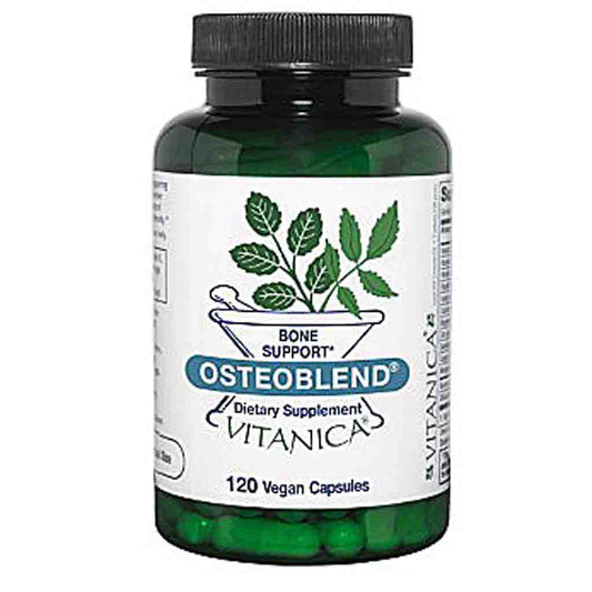 A bottle of Vitanica Osteoblend dietary supplement with a white label and green cap, containing 120 vegan capsules.