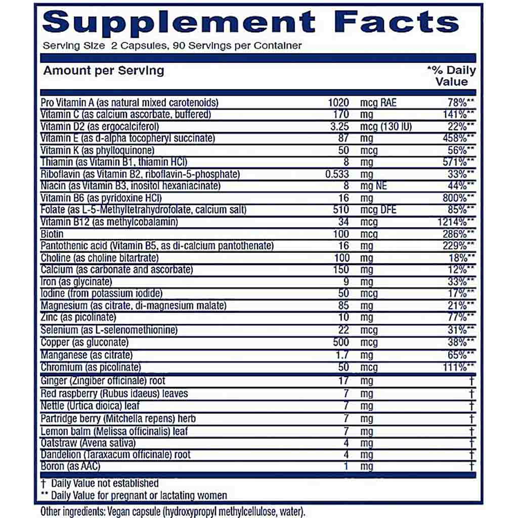 A Supplement Facts label showing a daily value table with nutrients such as Vitamin A, Vitamin D, Calcium, Iron, and Zinc, on a white background.