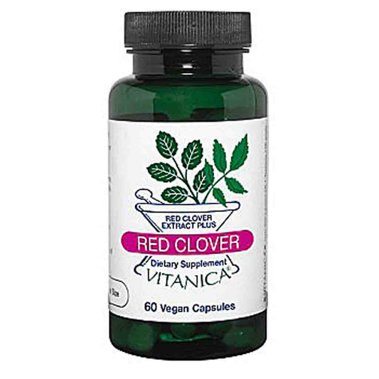 A bottle of Vitanica Red Clover Extract Plus dietary supplement, containing 60 vegan capsules. The product is in a dark green translucent bottle with a black cap and a white label featuring green clover leaves and a pink banner.