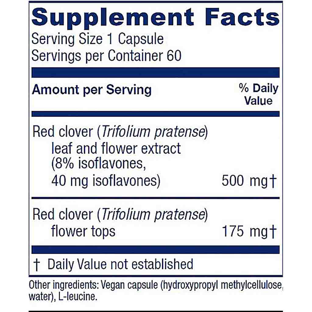 A Supplement Facts label showing red clover extract information, including leaf and flower extract amounts, daily value percentages, and other ingredients listed at the bottom.