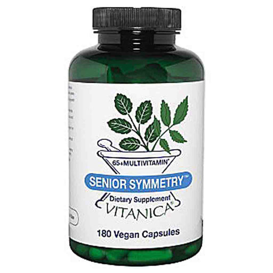 A bottle of Vitanica Senior Symmetry 65+ Multivitamin dietary supplement, featuring a dark green translucent bottle, black cap, and a white label with green leaf graphics and blue accents.