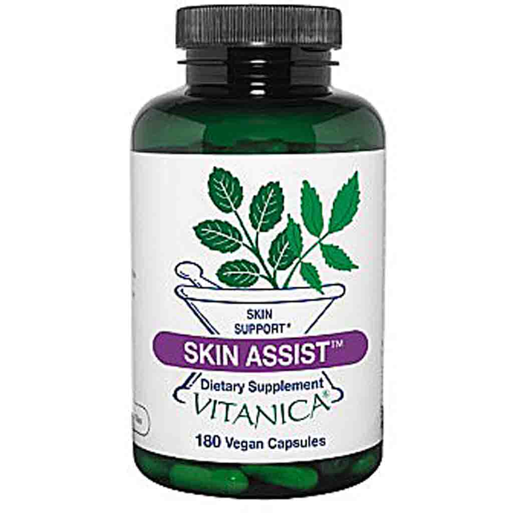 A bottle of Vitanica Skin Assist dietary supplement, featuring a dark green bottle, black cap, and a white label with green leaf graphics and a purple banner.