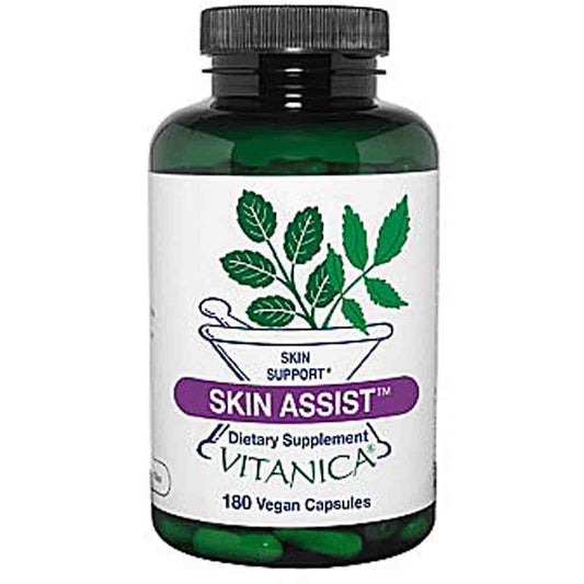 A bottle of Vitanica Skin Assist dietary supplement, featuring a dark green bottle, black cap, and a white label with green leaf graphics and a purple banner.