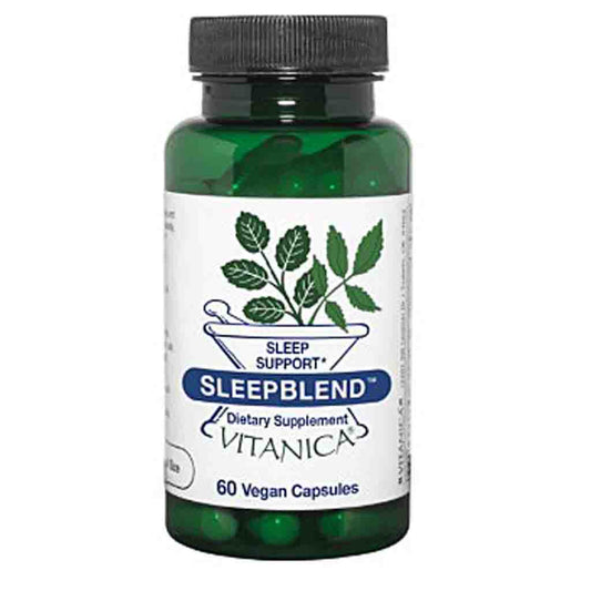 A bottle of Vitanica Sleep Blend dietary supplement with a green translucent bottle, white label, and black cap, shown on a plain white background.