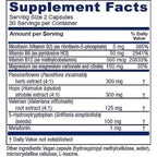 A close-up of a supplement facts label showing a supplement bottle's nutrition panel. The label features a white background with dark blue text and headers, detailing ingredients and daily value percentages for riboflavin, Vitamin B6, Vitamin B12, magnesium, passionflower, hops, valerian, 5-Hydroxytryptophan, and melatonin.