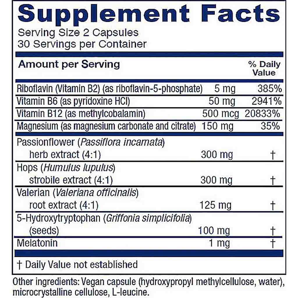 A close-up of a supplement facts label showing a supplement bottle's nutrition panel. The label features a white background with dark blue text and headers, detailing ingredients and daily value percentages for riboflavin, Vitamin B6, Vitamin B12, magnesium, passionflower, hops, valerian, 5-Hydroxytryptophan, and melatonin.