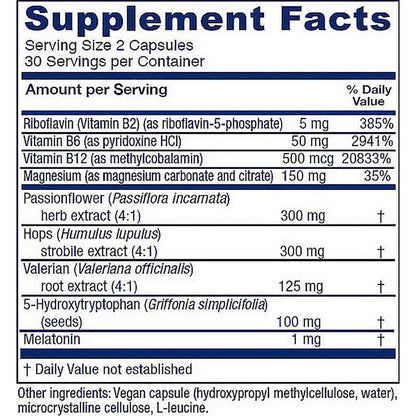 A close-up of a supplement facts label showing a supplement bottle's nutrition panel. The label features a white background with dark blue text and headers, detailing ingredients and daily value percentages for riboflavin, Vitamin B6, Vitamin B12, magnesium, passionflower, hops, valerian, 5-Hydroxytryptophan, and melatonin.