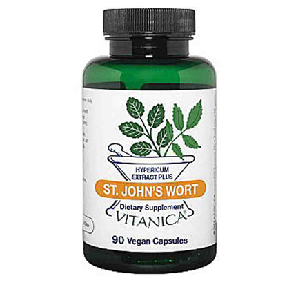 A green plastic bottle of Vitanica St. John's Wort dietary supplement with a black cap and a white label featuring green leaves and an orange banner.