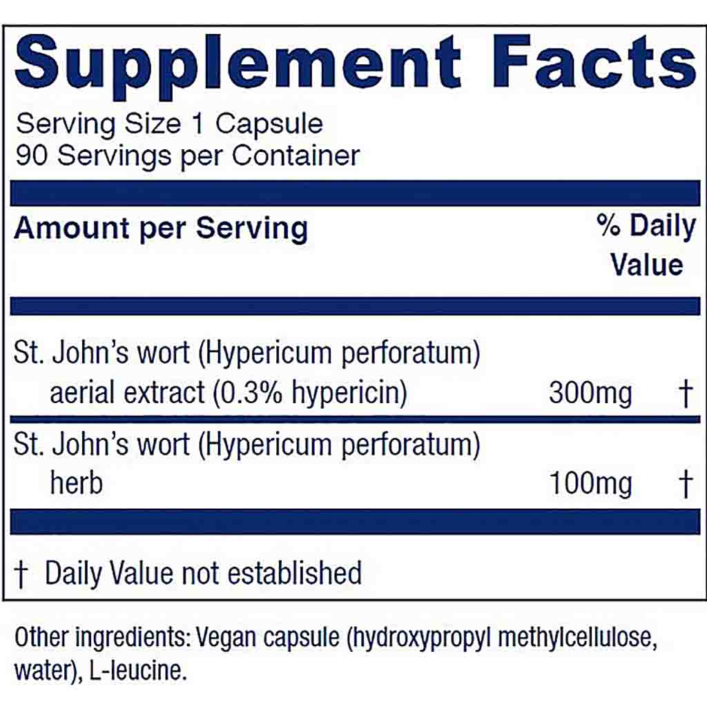 A close-up of a supplement facts label showing St. John's wort doses, serving size 1 capsule, 90 servings per container, and other ingredients listed at the bottom.
