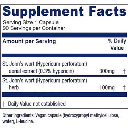 A close-up of a supplement facts label showing St. John's wort doses, serving size 1 capsule, 90 servings per container, and other ingredients listed at the bottom.