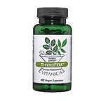 A bottle of ThyroFem dietary supplement by Vitanica, featuring a dark green translucent bottle with a black cap and a white label with green leaf graphics.