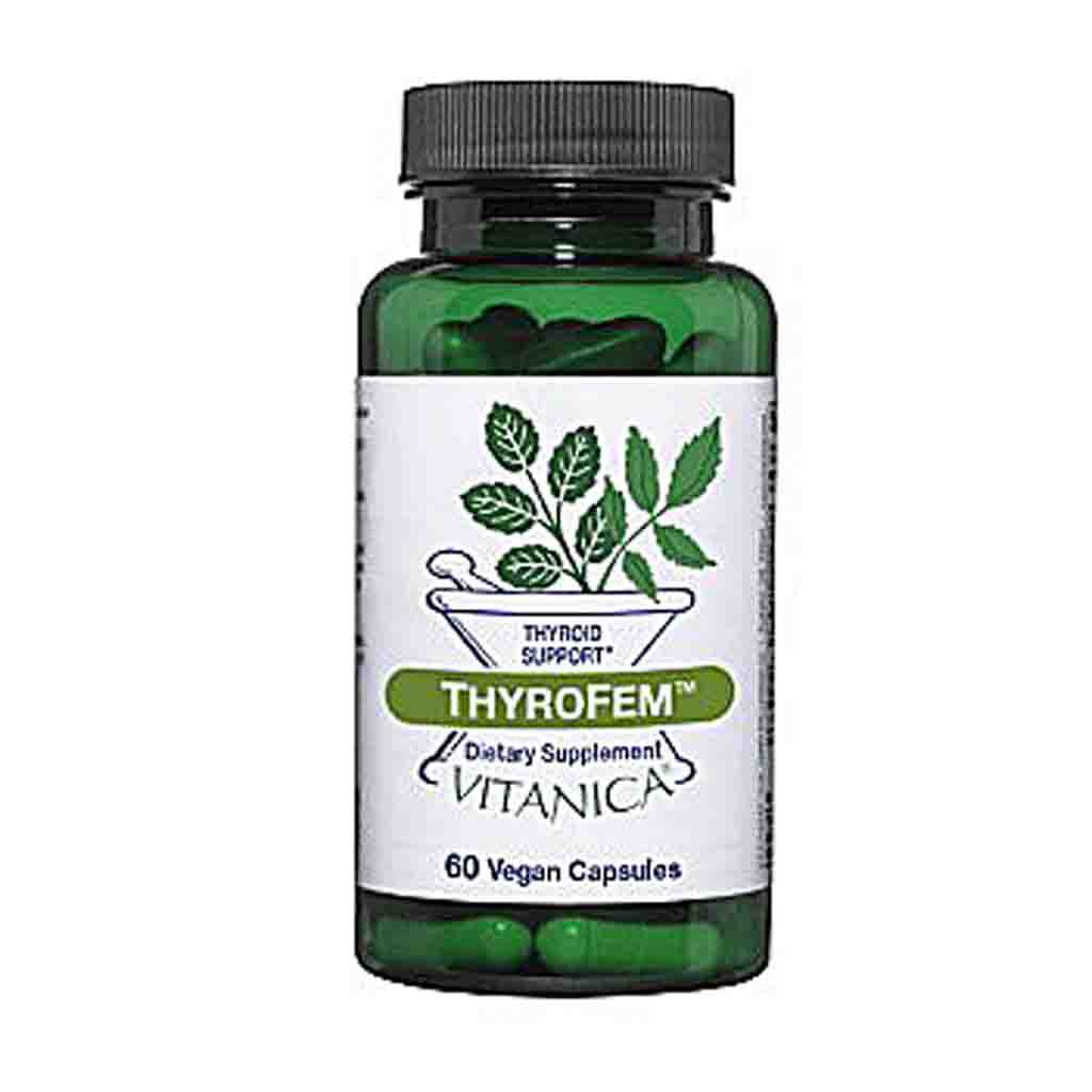 A bottle of ThyroFem dietary supplement by Vitanica, featuring a dark green translucent bottle with a black cap and a white label with green leaf graphics.
