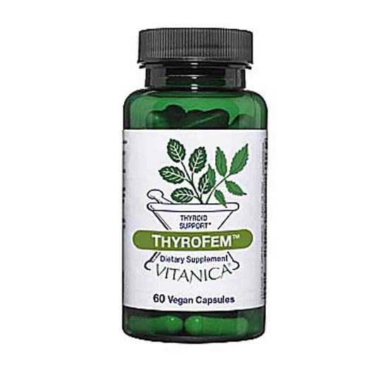 A bottle of ThyroFem dietary supplement by Vitanica, featuring a dark green translucent bottle with a black cap and a white label with green leaf graphics.