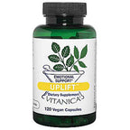 A green translucent plastic bottle of Uplift Vitamina dietary supplement with a white label and black cap, containing 120 vegan capsules.