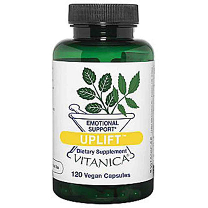 A green translucent plastic bottle of Uplift Vitamina dietary supplement with a white label and black cap, containing 120 vegan capsules.