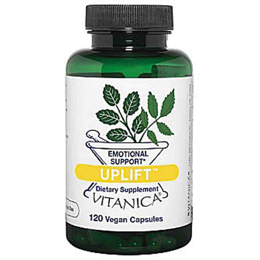 A green translucent plastic bottle of Uplift Vitamina dietary supplement with a white label and black cap, containing 120 vegan capsules.