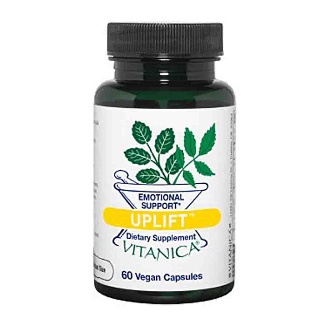 A bottle of Vitanica Uplift Emotional Support dietary supplement, featuring a dark green bottle, black cap, and a white label with green leaves and a yellow banner.