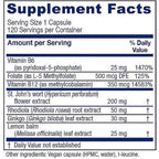 A supplement facts label showing a capsule-based supplement with listed nutrients including Vitamin B6, Folate, Vitamin B12, St. John's wort, Rhodiola, Ginkgo, and lemon balm, plus daily value percentages and ingredient notes.