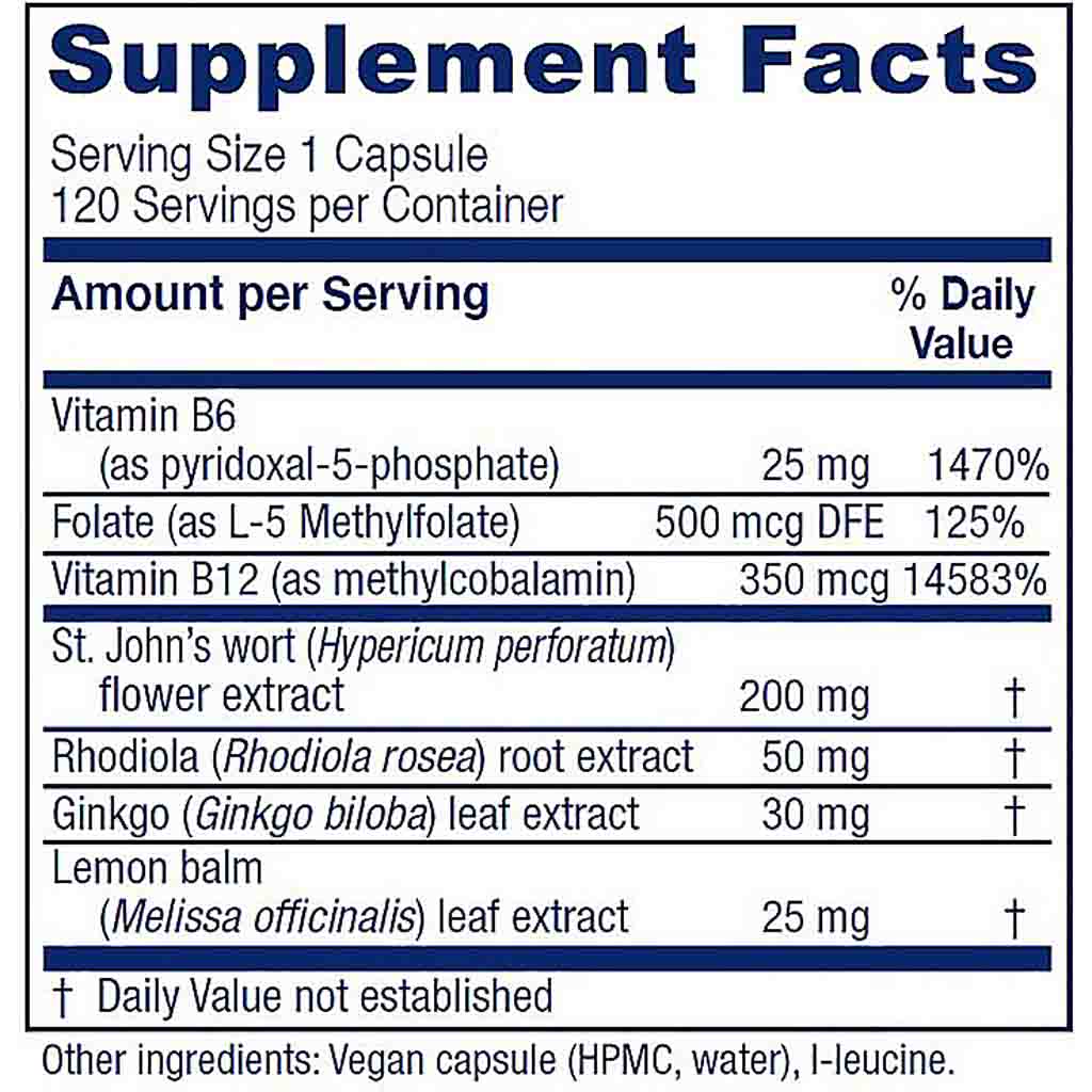 A supplement facts label showing a capsule-based supplement with listed nutrients including Vitamin B6, Folate, Vitamin B12, St. John's wort, Rhodiola, Ginkgo, and lemon balm, plus daily value percentages and ingredient notes.