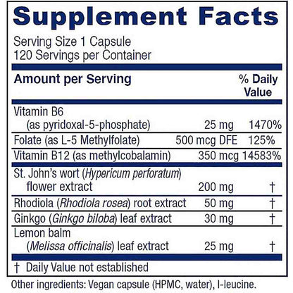 A supplement facts label showing a capsule-based supplement with listed nutrients including Vitamin B6, Folate, Vitamin B12, St. John's wort, Rhodiola, Ginkgo, and lemon balm, plus daily value percentages and ingredient notes.