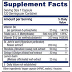 A close-up of a supplement facts label showing serving size 1 capsule, 120 servings per container, with listed nutrients and extracts including Vitamin B6, Folate, Vitamin B12, St. John's wort, Rhodiola, Ginkgo, and Lemon balm.